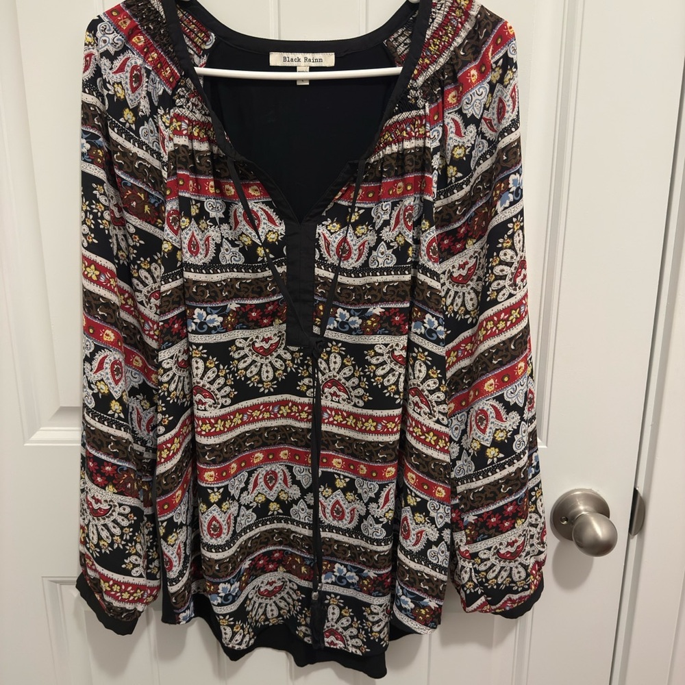 Black Rainn Womens Large Paisley Floral Mixed Print Split Neck Blouse Top Black‎